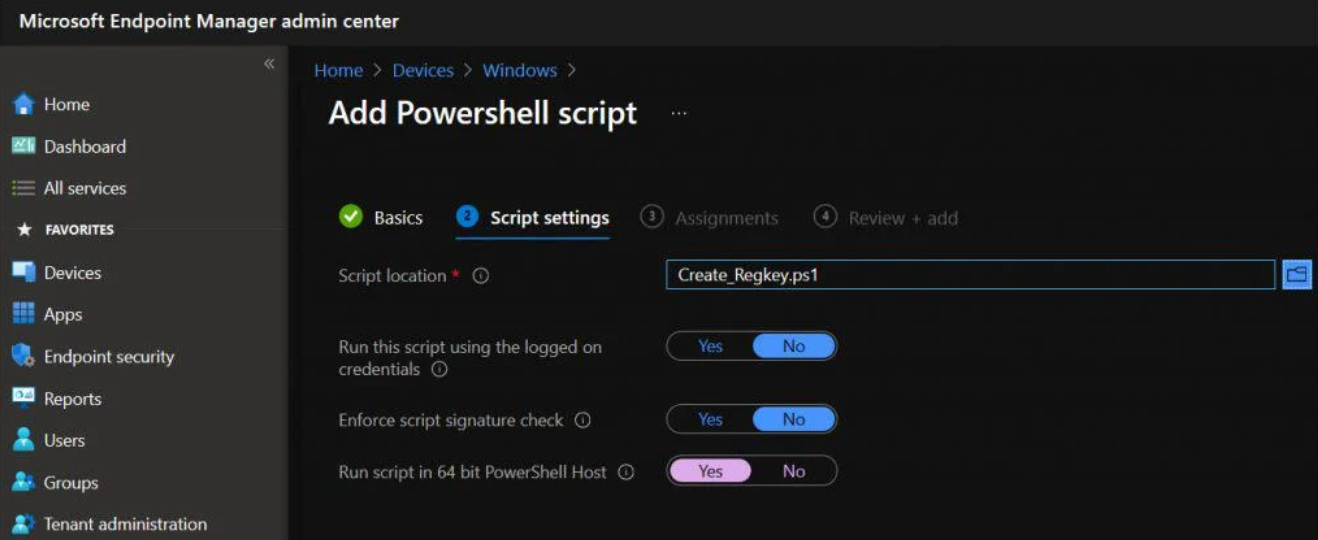 PowerShell script settings: upload, credentials, signature check, 64-bit host